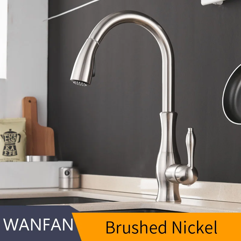 Nichel Brushed Золотые кухонные смесители, серебристые, с одной ручкой, выдвижной кухонный кран, с одним отверстием, с ручкой, поворотный градусов, смеситель для воды, смеситель, кран 866011 - Цвет: Nichel Brushed