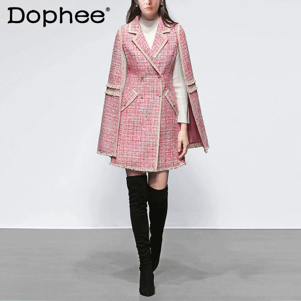 

Runway Fashion Cape Pink Tweed Coat Women Lapel Slim Waist Mid-Length Woolen Coat Jacket Female Overcoat 2021 New Winter Clothes