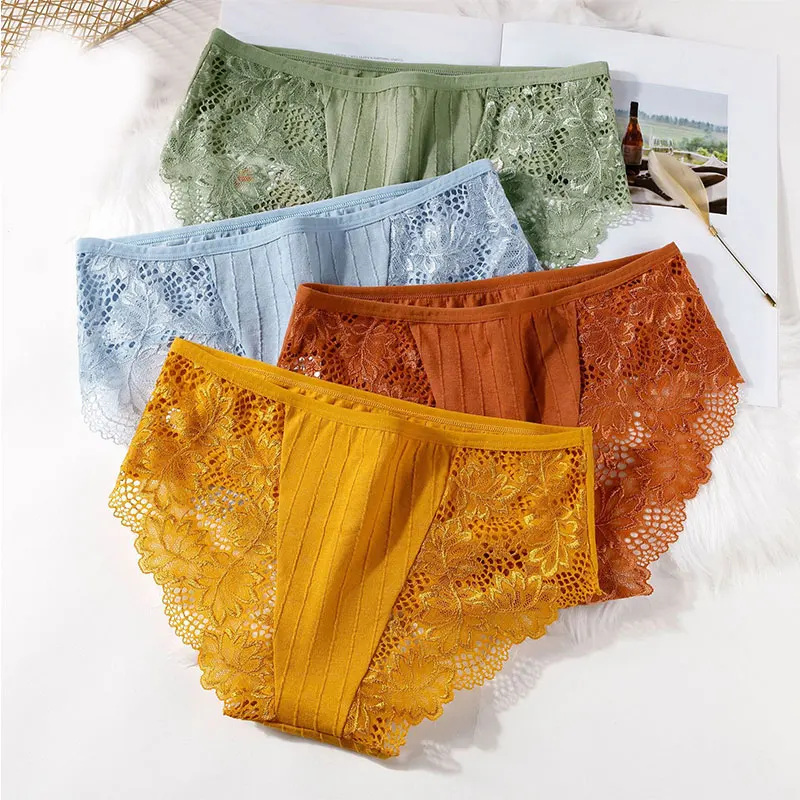 

Mid-Rise Solid Color Ladies Underwear Soft Cotton Briefs Breathable Underpant Lace Skin Friendly Lingerie Sweet Cute Panties