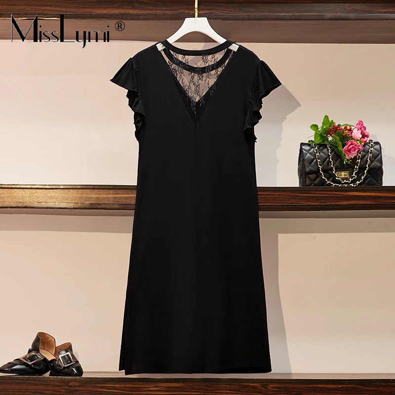 

MissLumi L-5XL Plus Size Women Lace Patchwork Elegant Dress Black Summer 2021 O-neck Butterfly Sleeve Loose Knee-Length Dress