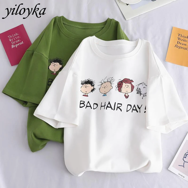 Женская футболка с короткими рукавами Корейская принтом надписью BAD HAIR DAY унисекс