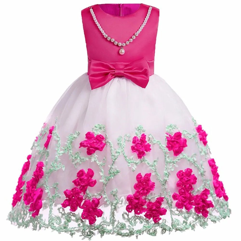 

Girls Dress 2020 New Flower Bow Wedding Embroidery Dress Baby Kids Christmas Vestidos Costume With Necklace Infant Dresses 3-10T