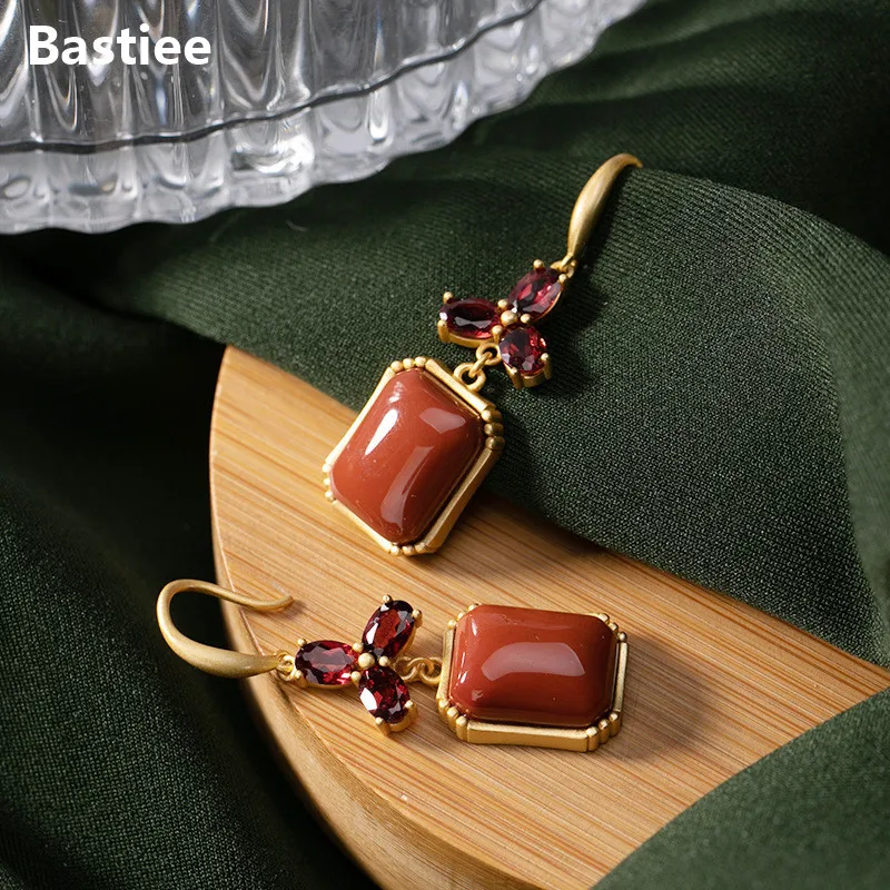 

Bastiee Square 925 Sterling Silver Earrings For Women Drop Dangle Earings Fashion Jewelry Gold Plated Red Agate Garnet