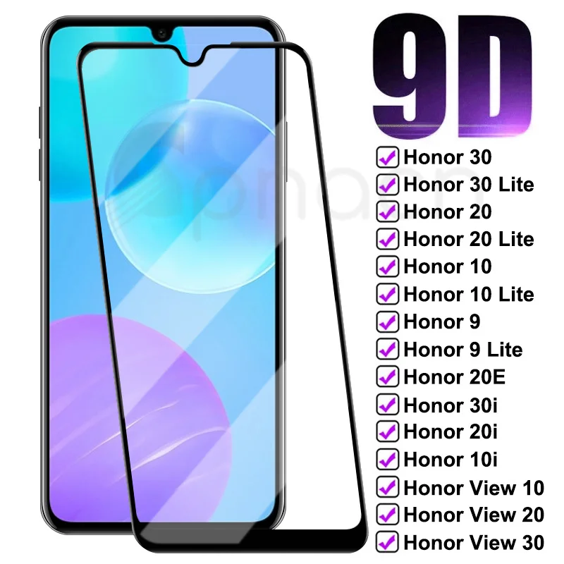 9D Full Protective Glass For Huawei Honor 30 20 10 9 Lite V30 V20 V10 Tempered Glass Honor 20E 30i 20i 10i Screen Protector Film