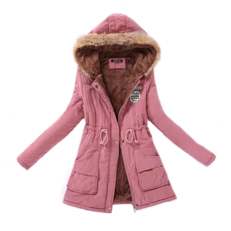 Dark pink Женская парка Модные осенние зимние теплые куртки Женский меховой воротник пальто длинные парки толстовки офисные женские хлопковые большие размеры - Цвет: Dark pink