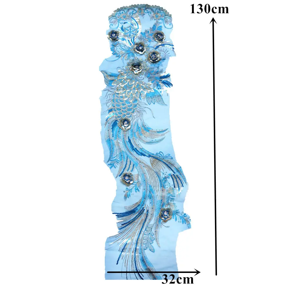 130 см Небесно-Голубой Феникс Павлин кружевной ткани блесток цветок горный