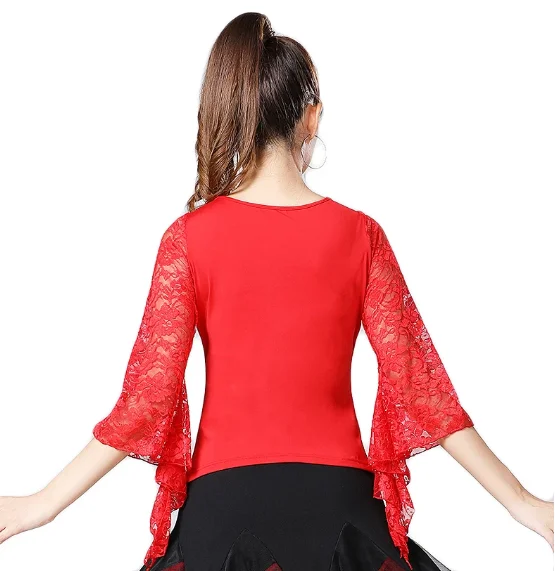 

Summer New Women Waltz Ballroom Dance Tops Modern Standard Tango Latin Dancewear Party Performance Blouses Lace Bell Sleeve