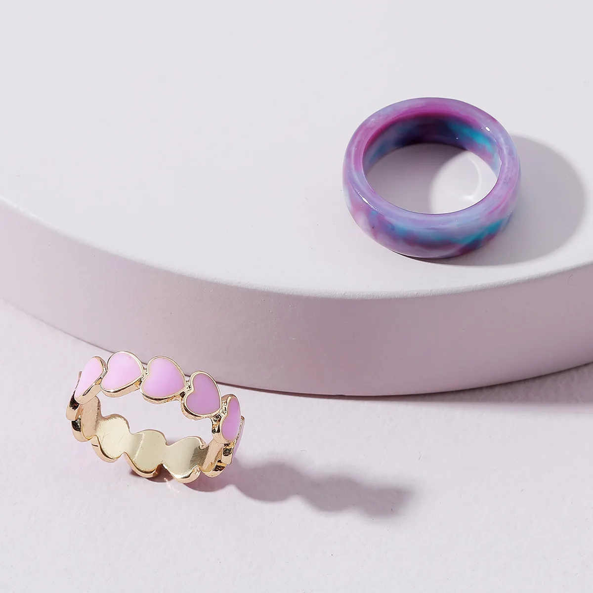 

2pc/Set New Fashion Pink Heart Drop Oil Metal Gradient Resin Acrylic Geometric Round Rings For Women Girls Party Jewelry Gifts