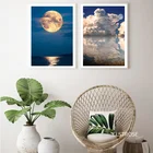 Мультяшный короткий тип Луна над морем облако картина на стену плакаты и фрески в нордическом стиле для гостиной и украшения
