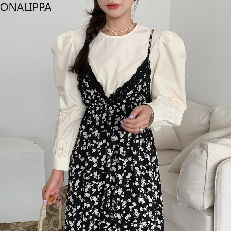 

ONALIPPA милые темпераментные комплекты, Женская японская Простая рубашка с круглым вырезом и пышными рукавами, кружевное строченное платье