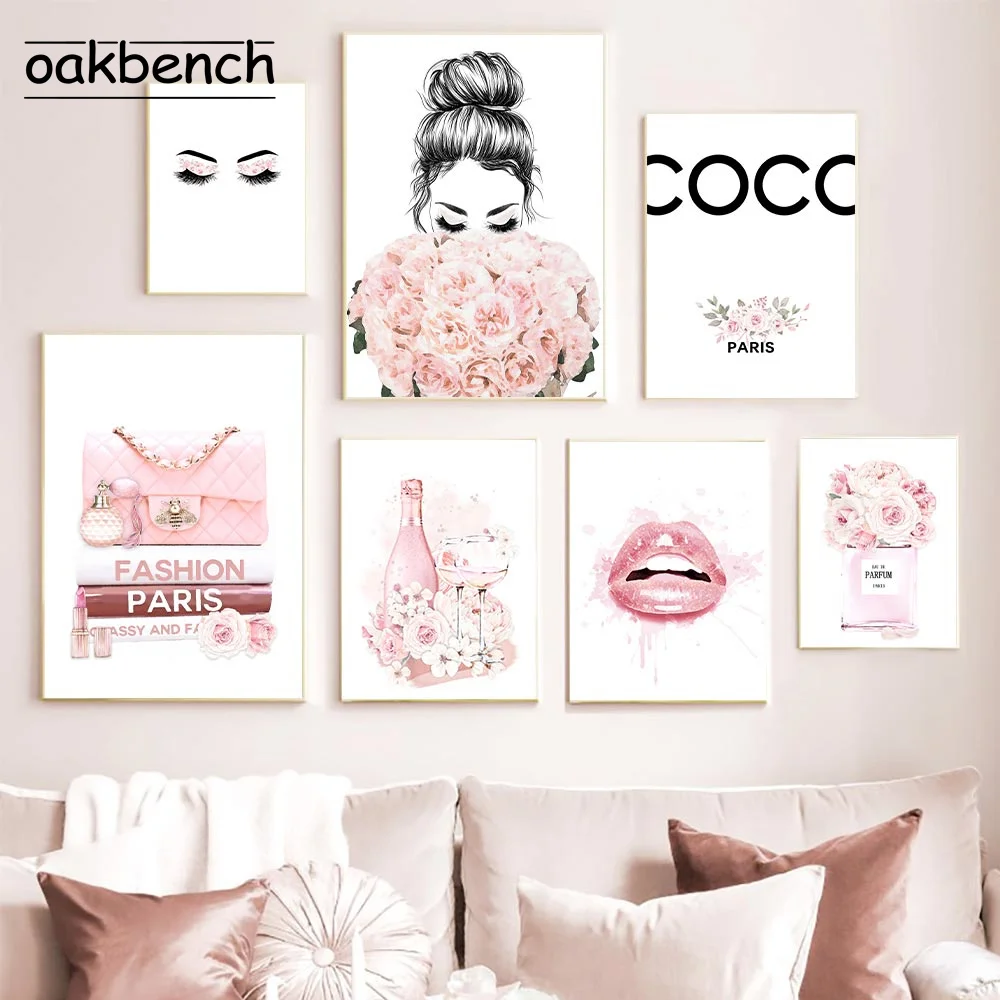 

Fashion Poster Wine Glass Canvas Painting Lips Art Prints Bouquet Girl Posters Nordic Print Modern Wall Pictures Girl Room Decor