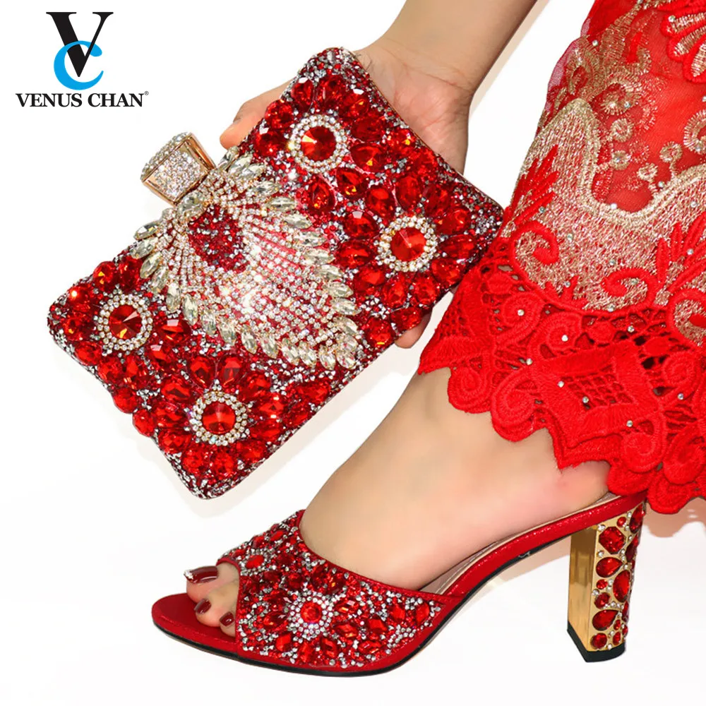 

Latest African Wedding Shoes and Bag Set Decorated with Rhinestone Nigerian Women Wedding Shoes and Bag Sets Women High Heels