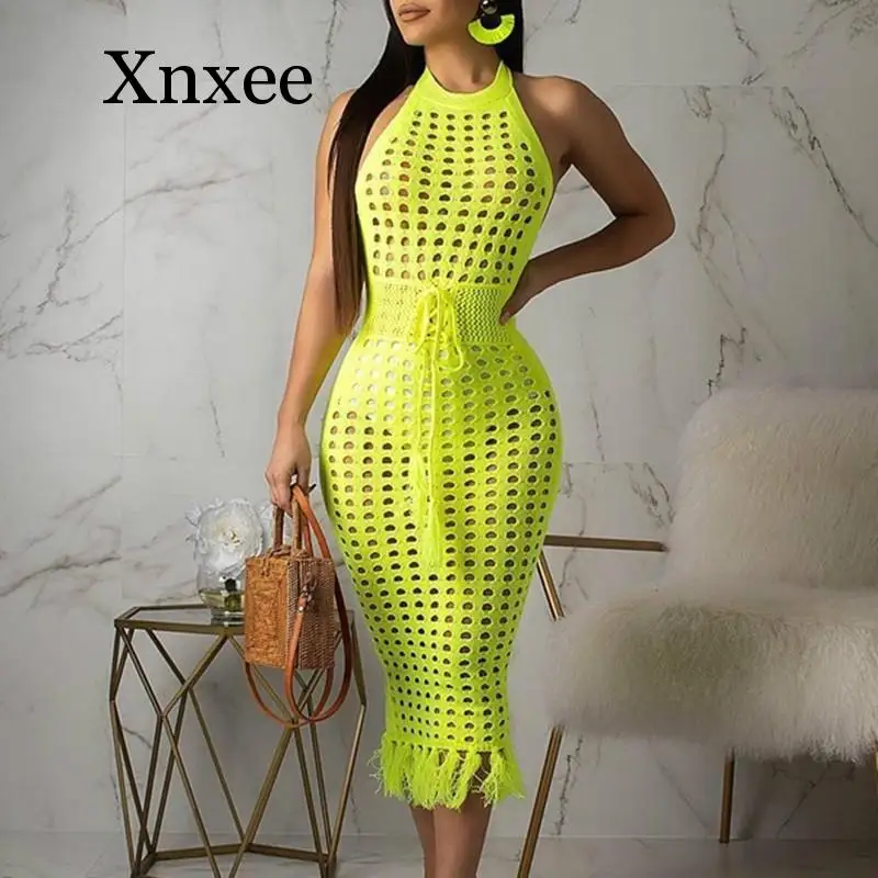 Пляжное пляжное открытое платье с бахромой трикотажное летнее открытыми плечами