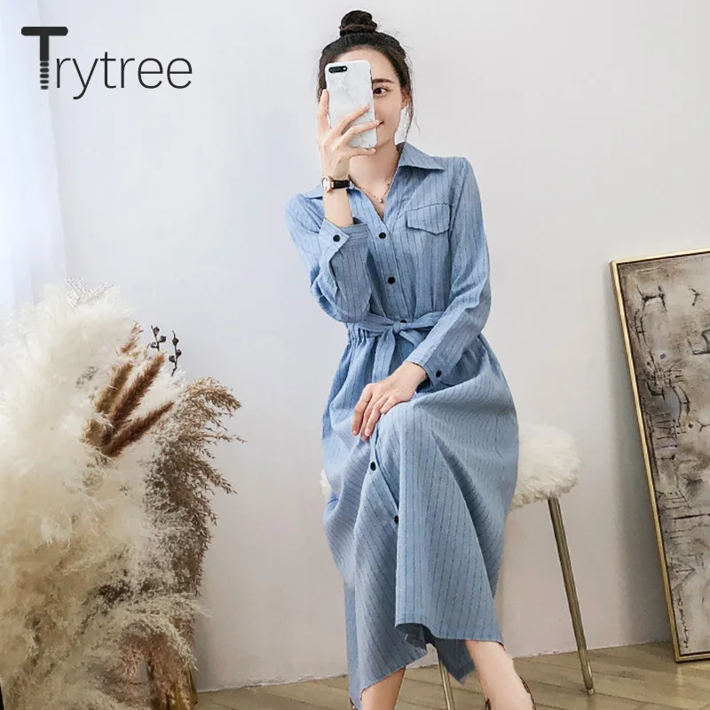 Trytree осеннее женское повседневное полиэфирное платье с отложным воротником