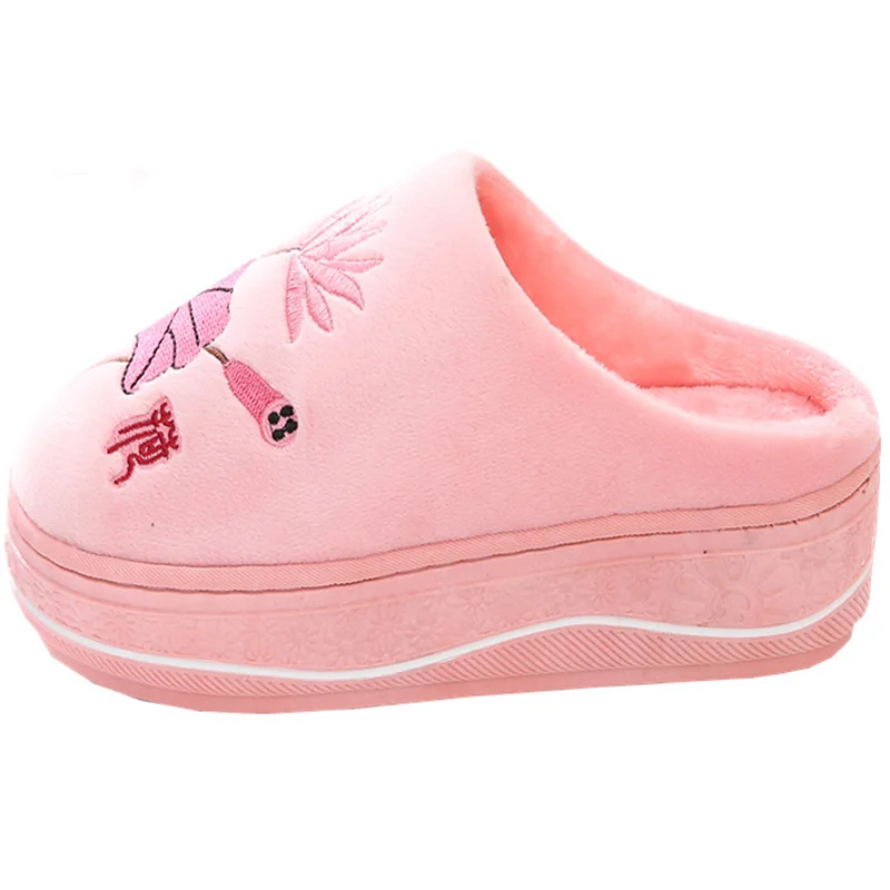 Зимние женские милые тапочки с цветочным рисунком домашняя обувь на высоком