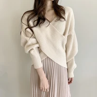 korean chic autumn winter v neck pullover sweater women off collar loose long sleeve pull knitted tops soft jumpers knitwear