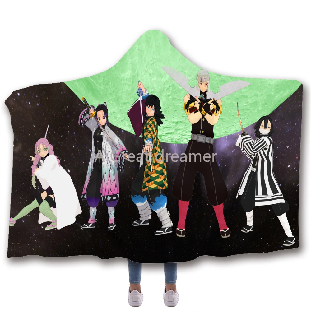 

3d Print Anime Demon Slayer Hooded Blanket Warm Blankets For Kids Watching Blanket Wearable Double layer Fleece Throw Blankets
