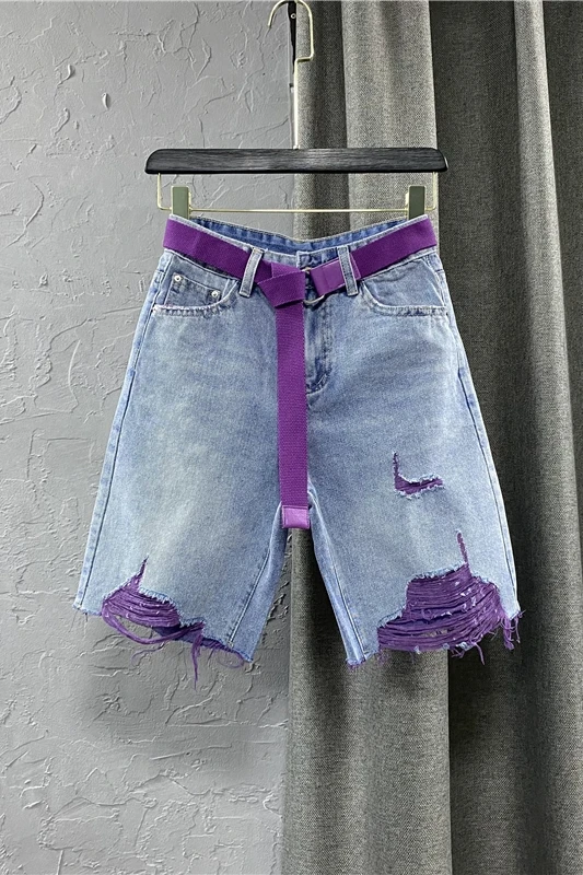 

Purple Color Blocking Holed Denim Jeans Female Summer Wear 2021 New Loose Wide Leg Middle Pants for Women