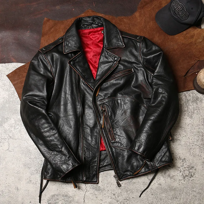 

2020 Vintage Brown Men American Style Motorcycle Jacket Plus Size 6XL Genuine Thick Cowhide Winter Biker's Leather Coat