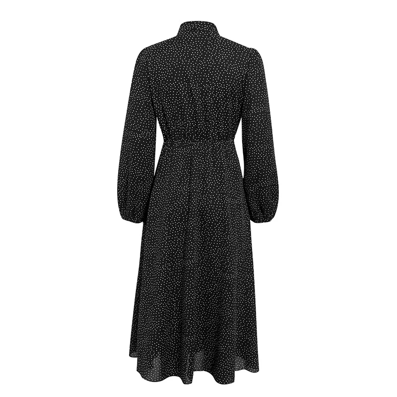 

JESSIC Polka Dot Black Elegant Dress Women Lantern Sleeve Tie Neck Long Dresses Spring A-line Office Ladies Party Dress Vestido
