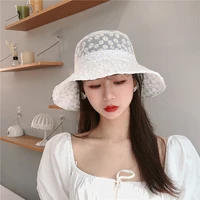 bucket hat women 2021small daisy embroidered bucket hat female sunscreen outing korean lace transparent sun hat solid bucket hat