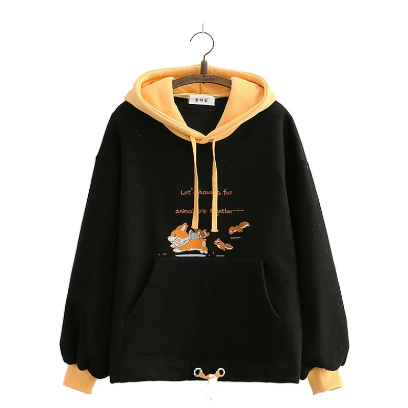 Preppy Style Patchwork Plus Velvet Sweatshirt Women Winter New Dog Embroidery Loose Warm Hoodies Girl Casual Pullovers 2010063