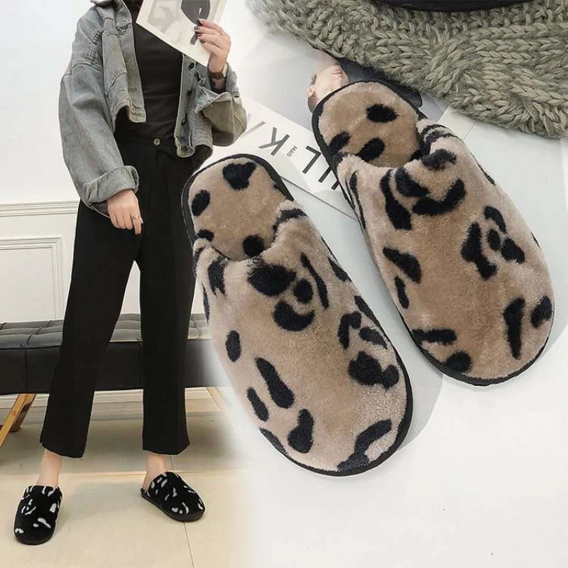 

Winter Indoor Baotou Warm Velvet Couples Slippers Home Casual Unisex Non-slip Flat Lightweight Leopard-print Soft-soled Slippers