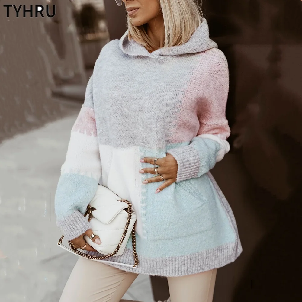 

Женский вязаный пуловер TYHRUWomen с капюшоном, декоративный пуловер с цветными карманами, Свободный джемпер с длинными рукавами, сохраняет теп...