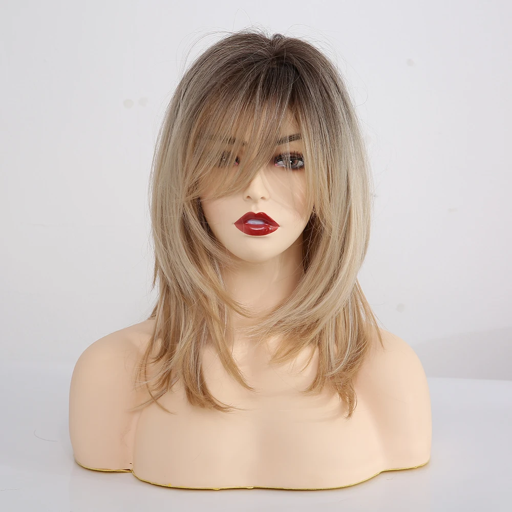 Medium Length Layered Wavy Light Brown to Blonde Ombre Hair Wigs With Bangs Heat Resistant Synthetic Wigs For Women Cosplay Wigs