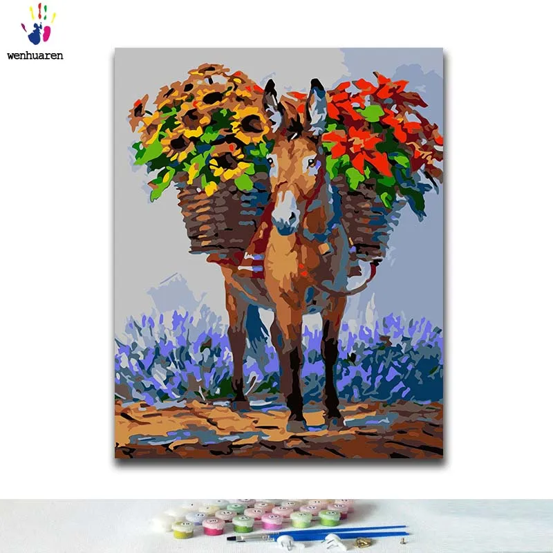 DIY окраска по номерам лошадь с цветами картины комплекты 40x50 защелка|Картины