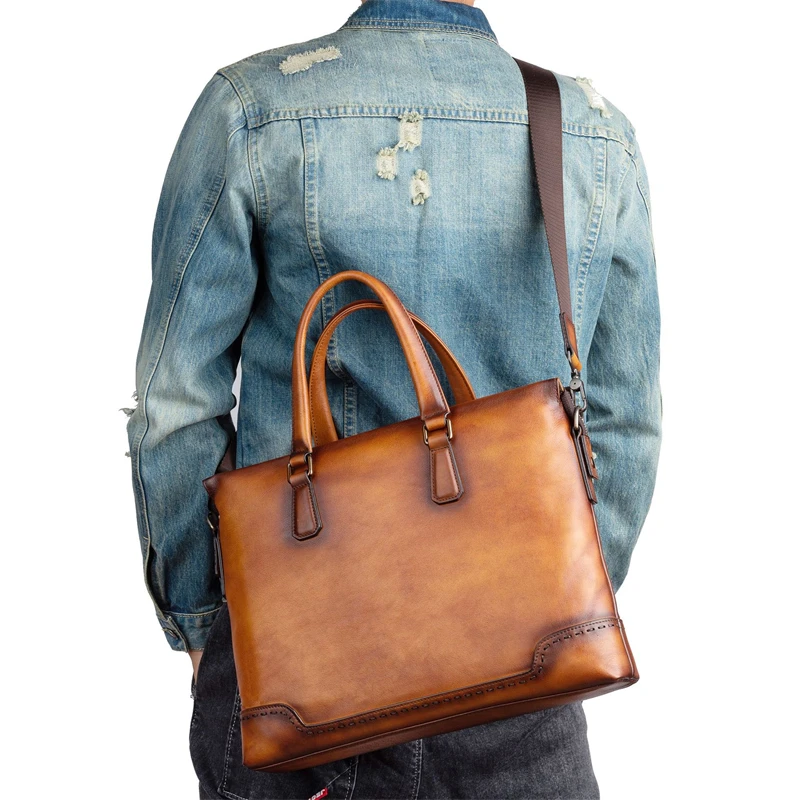 Vintage Men's Genuine Leather Briefcase Original Leather Handbags Male Business Shoulder Messenger Bag For 14 Inch Laptop Bag