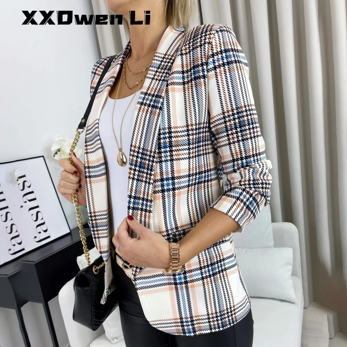 

Women's Autumn Winter Long-sleeves Slim Printed Plaid Jacket Small Suit Fashion Casual Notched Office Ladies Suit Cardigan Coat