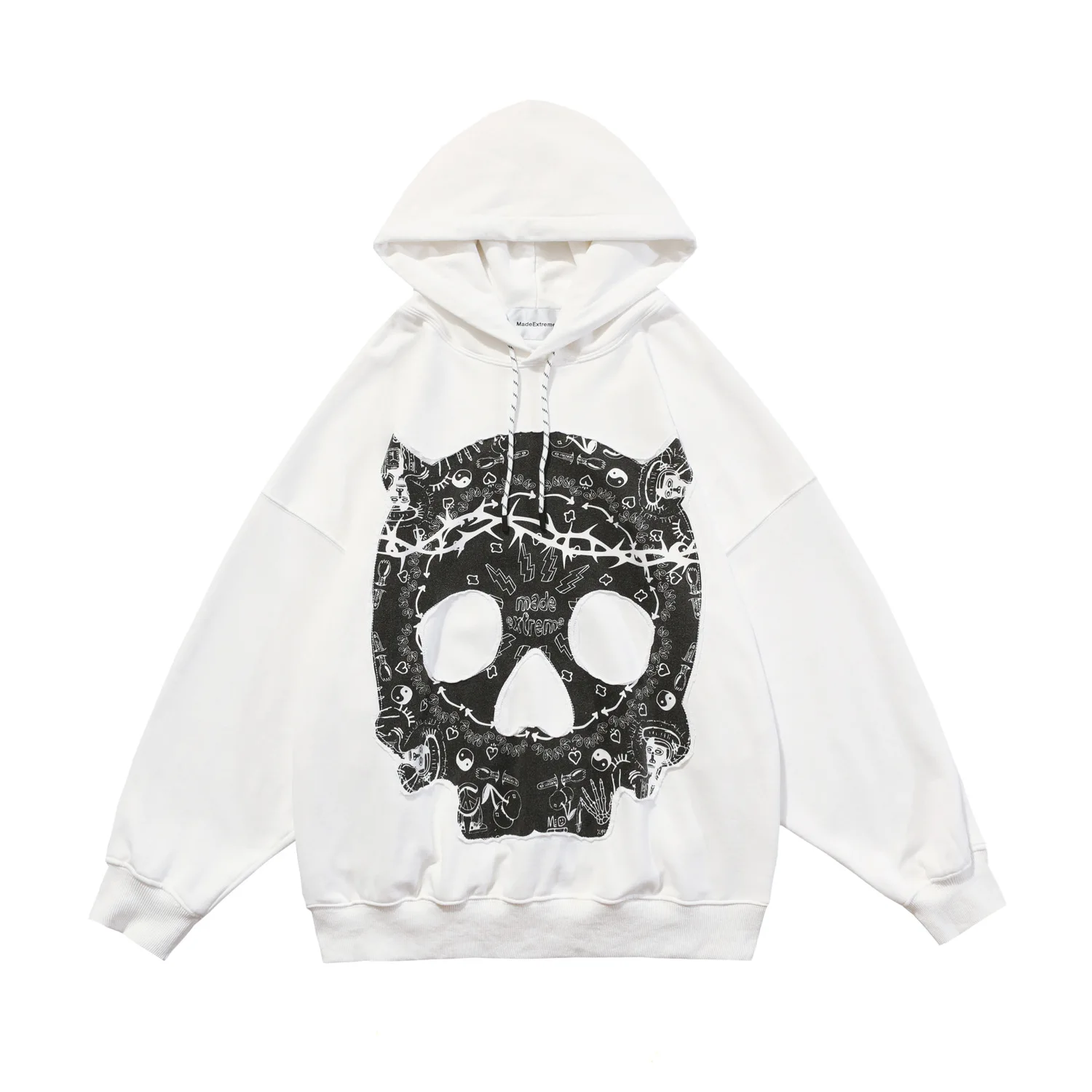 

SEVEYFAN Men's Vintage Skull Embroidery Hoodies Hip Hop Oversize Pullover Sweatshirts for Couples