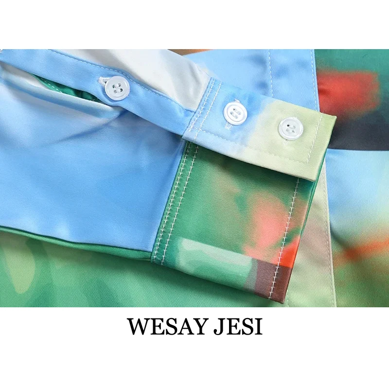 

WESAY JESI 2021 Spring Suit Landscape Color Printing Lapel Long Sleeve Shirt Single-breasted Casual Fashion Temperament Suit