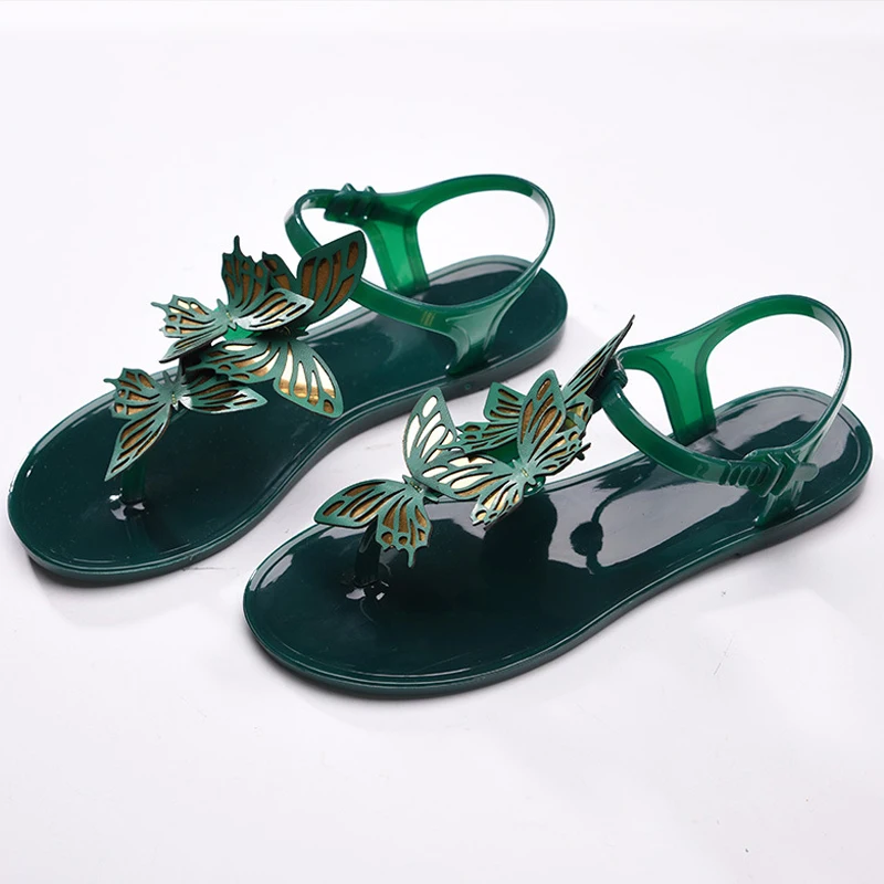 Сандалии женские прозрачные пляжная обувь шлепанцы плоская подошва с бабочками