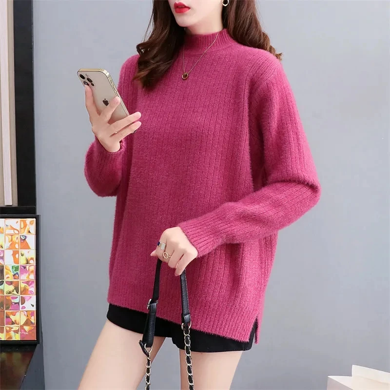 

2022 autumn/winter new Imitate mink fleece sweater top women half high collar solid color pullover loose knitted sweater 598