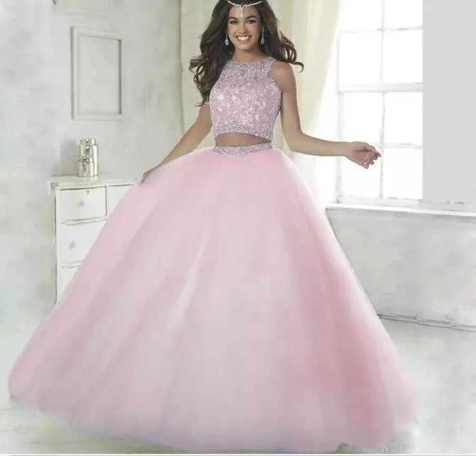 Зимние сапоги с роскошными кристаллами Quinceanera платья бальное платье из 2 частей с пайетками Тюлевое платье, платье на выпускной, и фуршетов великолепные шестнадцать 16 платья vestidos de 15 anos - Цвет: Розовый