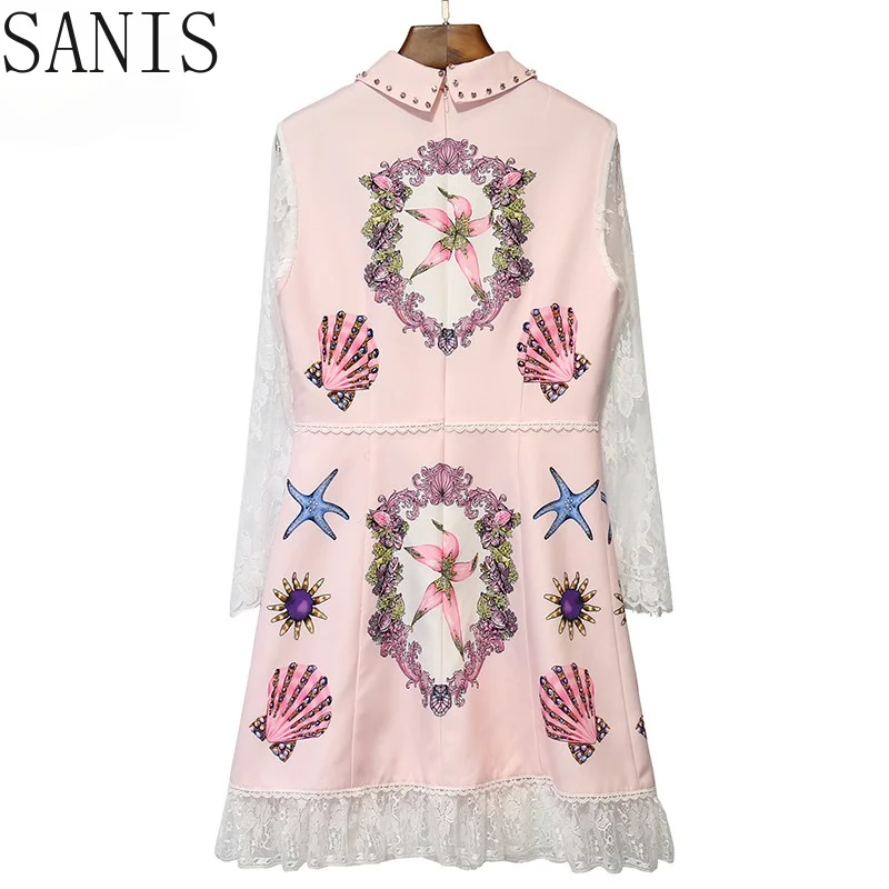 

Sanis 2021 Fashion Designer Summer Pink Mini Dress Women White Lace Long sleeve Flower Print Bead Elegant Party Dress