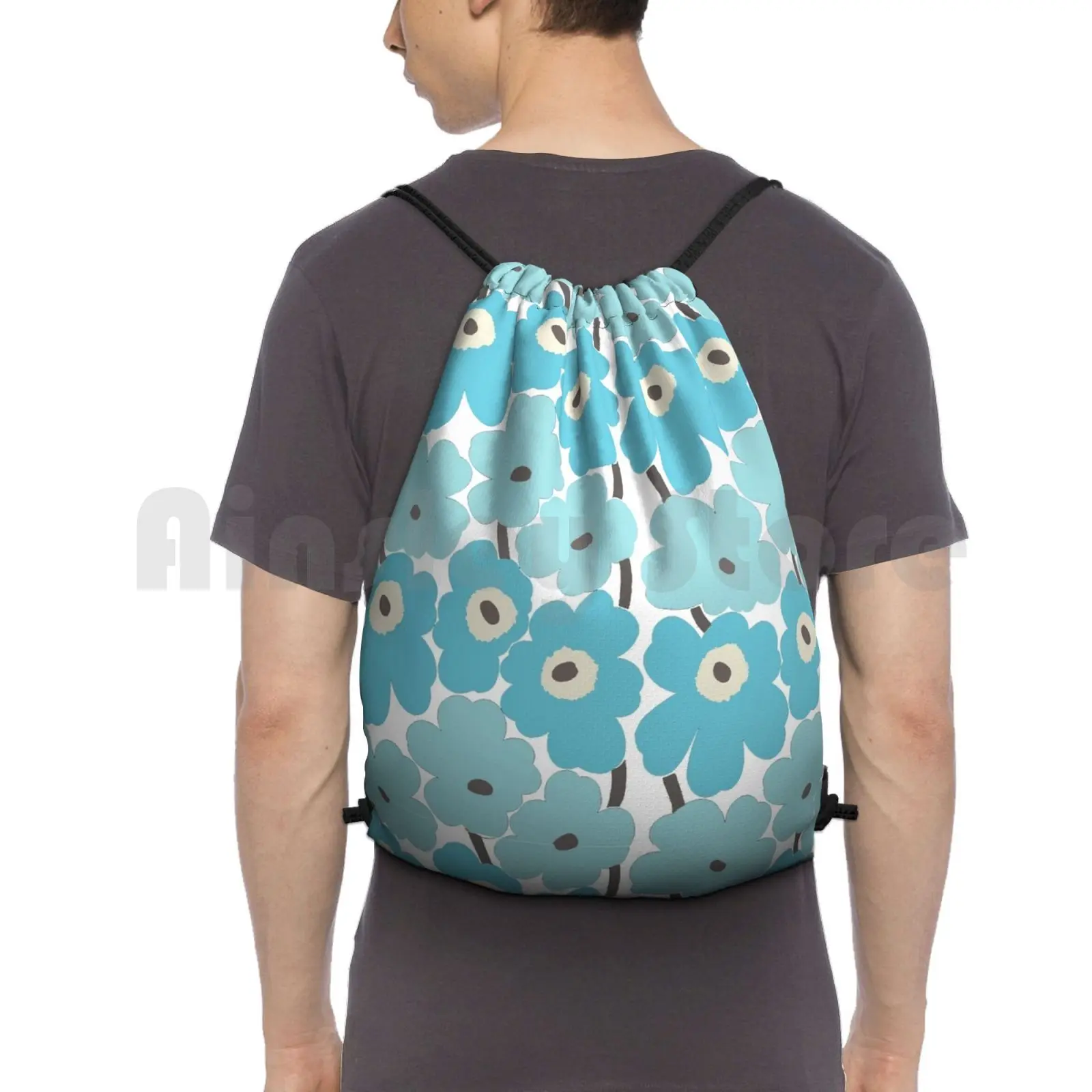 

Светильник-голубой рюкзак с цветочным принтом, сумка на шнурке для верховой езды, альпинизма, тренажерного зала, Pettern, скандинавский цветок ...