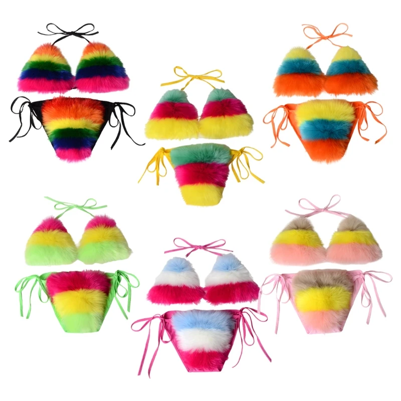 

Women Summer Sexy 2 Piece Bikini Set Faux Fur Rainbow Striped Halter Swimsuit Tie Side Plush Bathing Suit Party Clubwear