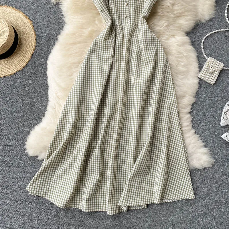 

FTLZZ Summer New Arrival Women Vintage Plaid Spaghetti Strap Long Dress Ladies A-line High Waist Slim Sleeveless Dress