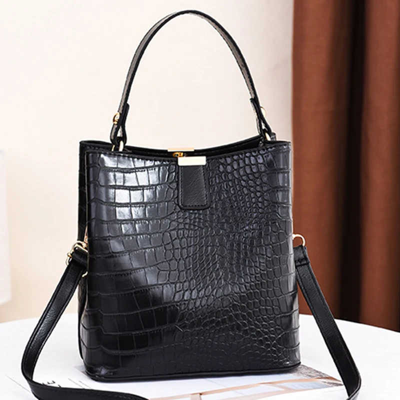 Женские сумки ведра в стиле ретро с крокодиловым тиснением повседневные