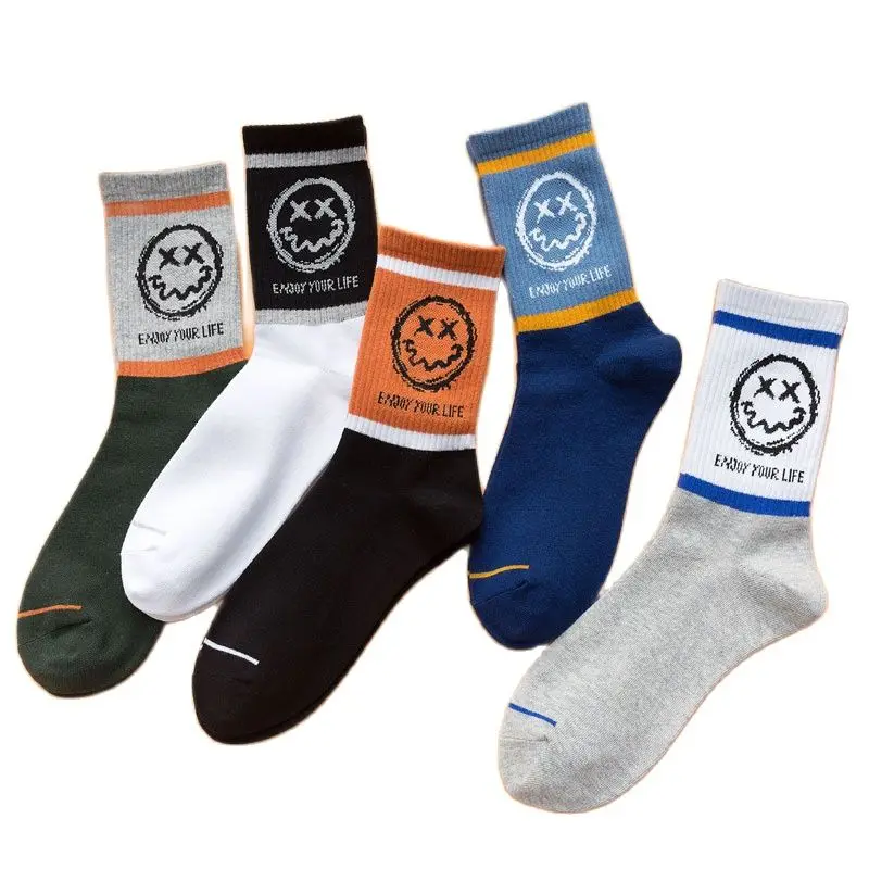 

5 Pairs/Lot New Fashion Funny Cotton Skateboard Basketball Men's Stockings Trend Street Sports Ins Style Middle-Tube Socks