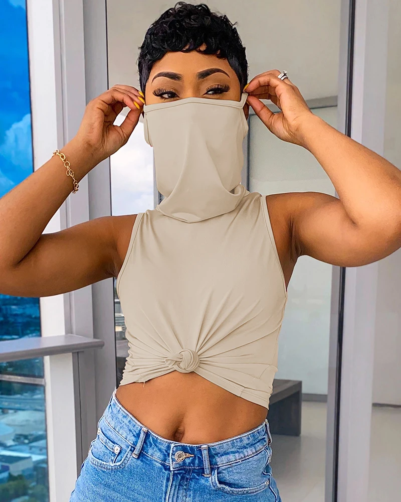 

2020 Women Summer Elegant Sollid Sleeveless Casual Top With Bandana