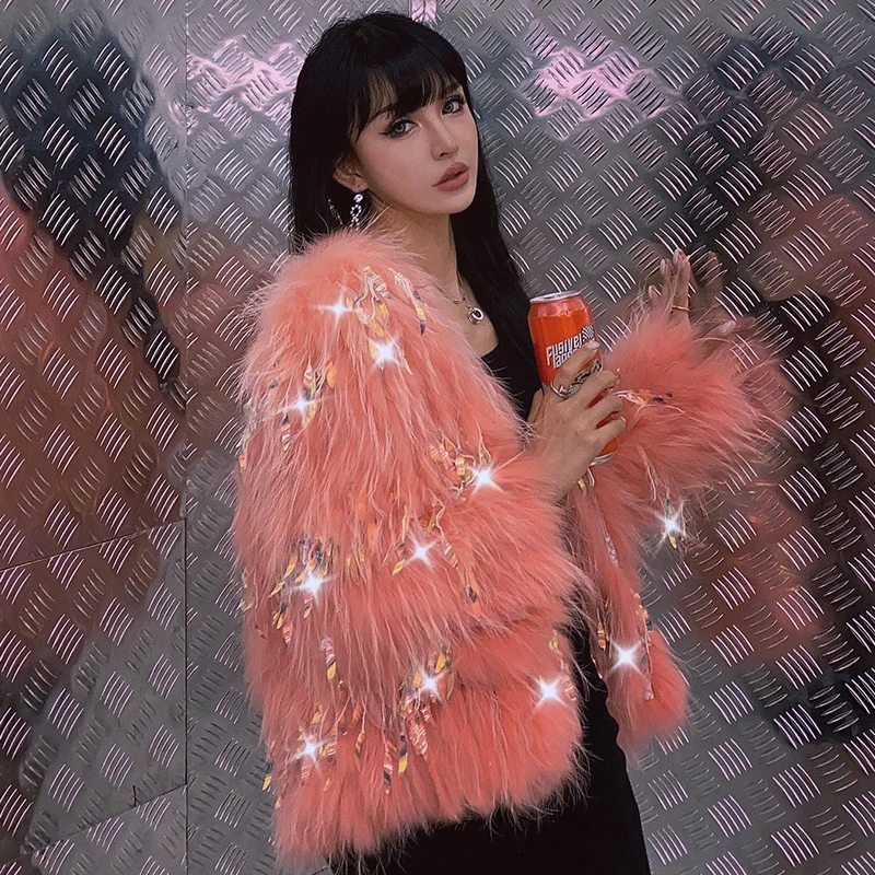 RosEvans Winter Personality Sequin Fashion Women Real Fur Jacket Net Red Coat Female White Raccoon Fur Strip Tassel Jacket 2020