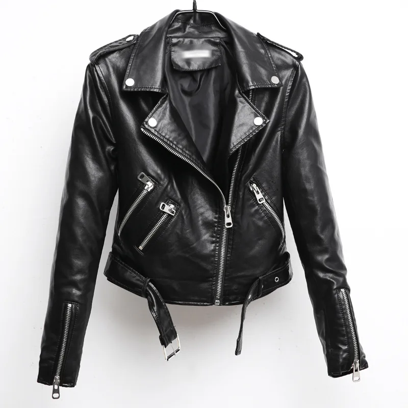 Куртка женская из искусственной кожи, черная короткая из мягкой ПУ кожи, с поясом, на молнии, мотоциклетное пальто, весна-осень от AliExpress RU&CIS NEW