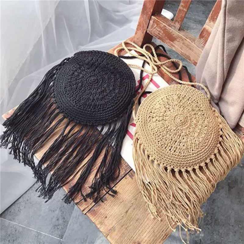 

Vintage Fashion Round Hand-woven Woman Shoulder Bag Summer Travel Shopping Straw Beach Bags Tassels Female Small Bag