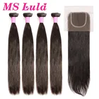 Волосы Ms Lula, 4 пряди, бразильские прямые с прозрачной застежкой 4x4, 100% человеческие волосы без повреждений, пряди с закрывающимися волосами для наращивания