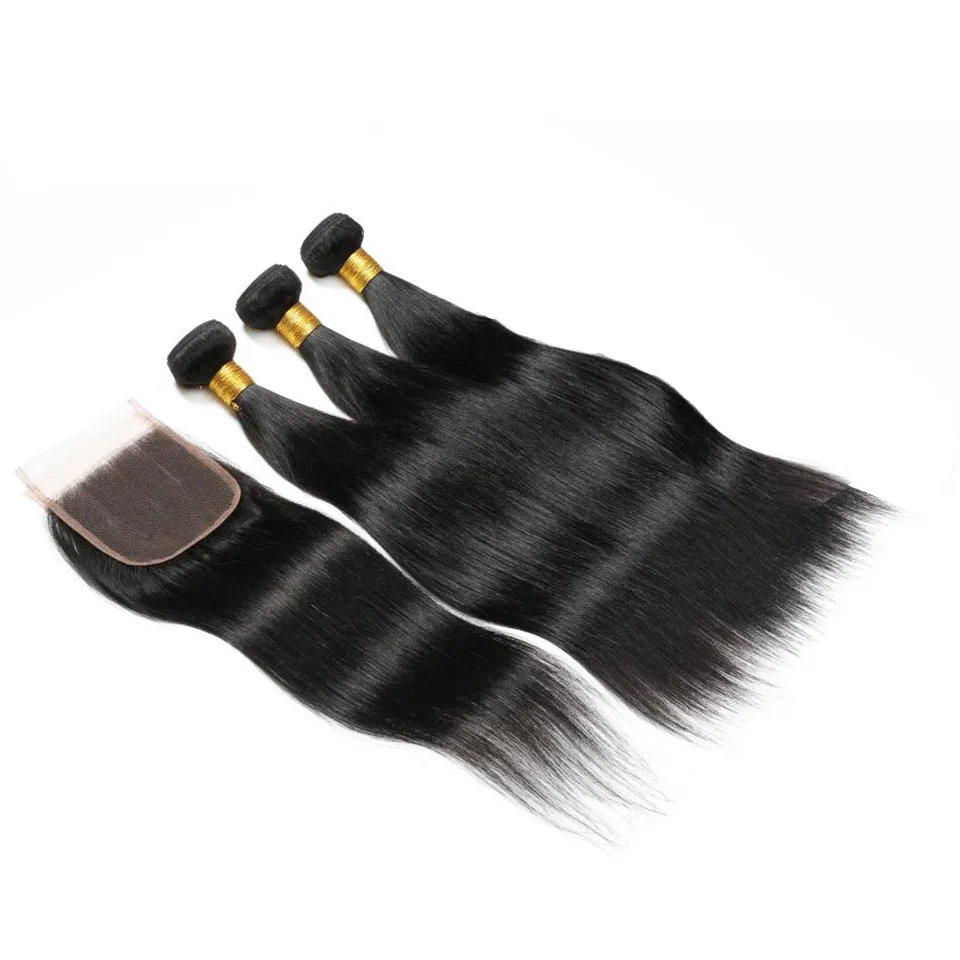 Straight Human Hair Bundles With Closure Brazilian 3 150% Density 4x4 Lace Wig Natural Black |