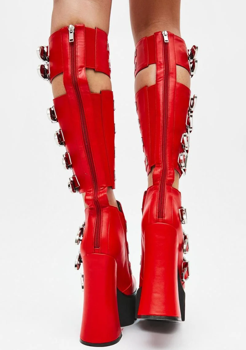 

Fashion Sexy Catwalk Super High Heel Round Toe Waterproof Platform Tapered Heel Metal Belt Buckle Hollow Red Knee-length Boots